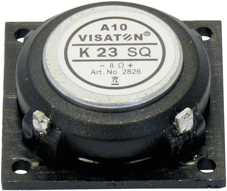 Kulatý reproduktor od značky Visaton, model 'K 23 SQ', s impedancí 8 ohmů, namontovaný na čtvercovém podstavci.