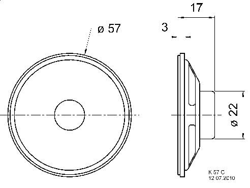 Technický výkres reproduktoru: Pohled zepředu ukazuje průměr 57 mm; pohled z boku ukazuje hloubku 17 mm a průměr 22 mm.