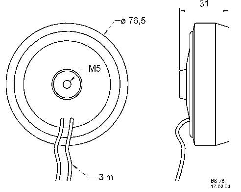 Technický výkres kulatého magnetu s otvorem uprostřed. Průměr 76,5 mm, výška 31 mm, závit M5, kabel 3 m.