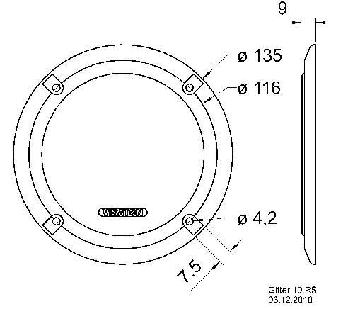 Technický výkres kruhové mřížky s údaji průměrů: Vnější Ø 135 mm, Vnitřní Ø 116 mm, Otvory pro šrouby Ø 4,2 mm. Boční pohled ukazuje profil.