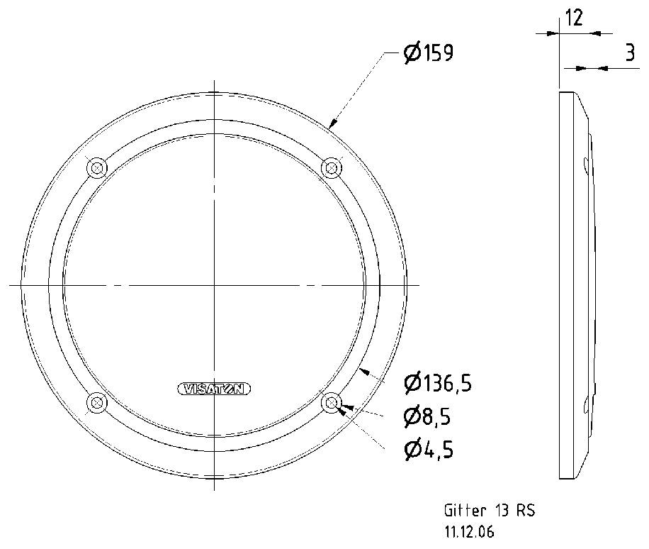 Technický výkres kulatého roštu s bočním pohledem. Průměr 159 mm, průměr otvoru 136,5 mm. Datum: 11.12.06.