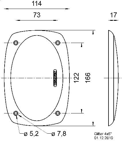 Oválný kryt s rozměry: 114x73 mm, výška 166 mm. Čtyři šroubové otvory: dva nahoře, dva dole, každý o průměru 5,2 až 7,8 mm.