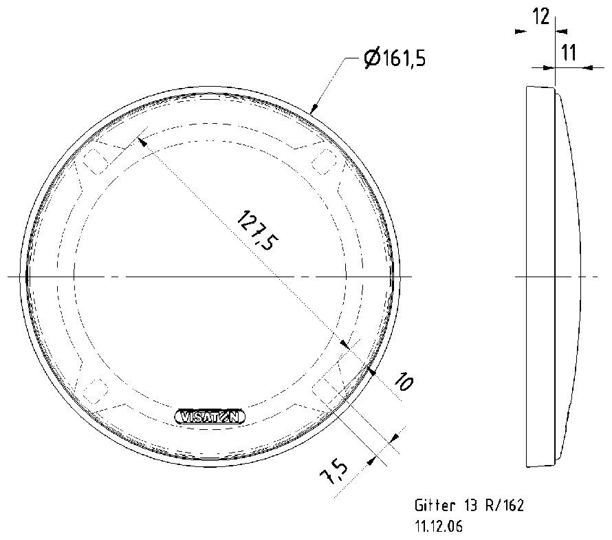 Technický výkres mříže o průměru 161,5 mm a výšce 12 mm. Boční a pohled shora s rozměry v milimetrech.