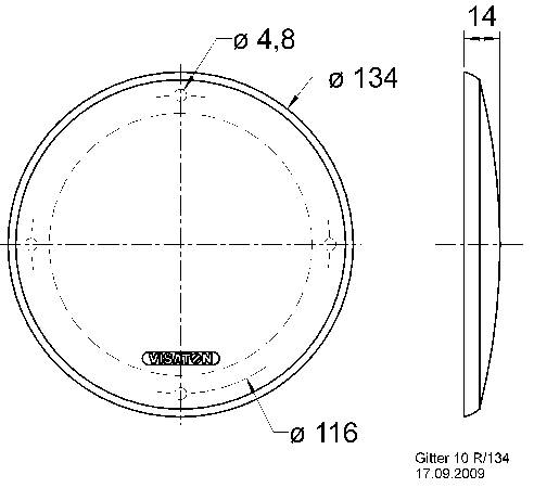 Technický výkres mříže s průměry: vnější 134 mm, vnitřní 116 mm, otvor 4,8 mm. Boční pohled ukazuje hloubku 14 mm.