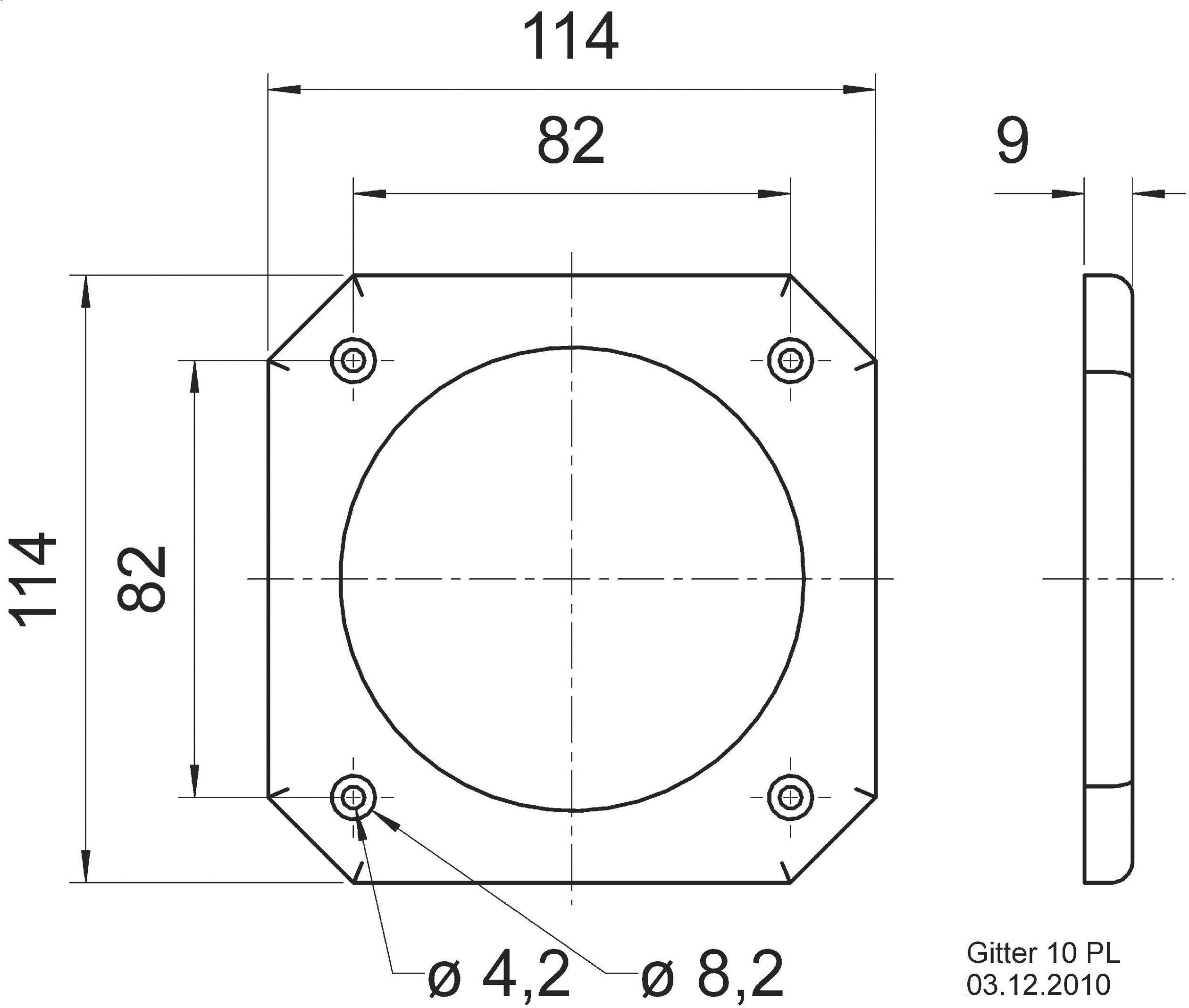 Technický výkres čtvercové mřížky. Rozměry: 114x114 mm, průměr otvoru: 8,2 mm. Boční pohled ukazuje tloušťku 9 mm.