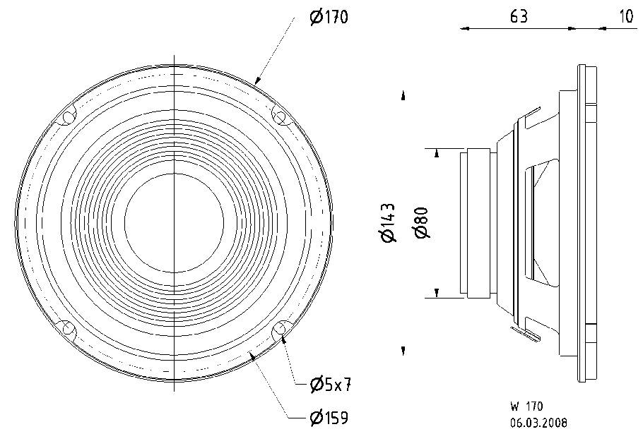 Technický výkres reproduktoru s rozměry: průměr 170 mm, hloubka 63 mm, boční a čelní pohled.