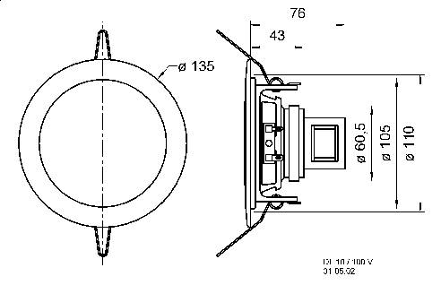 Technický výkres reproduktoru s průměry 135 mm a 110 mm. Boční pohled zobrazuje hloubku a montážní prvky.