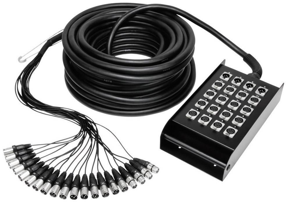 Dlouhý audiokabel s černým pláštěm pro 16 XLR konektorů, vhodný pro komplexní propojení kabelů na jevišti a ve studiu.