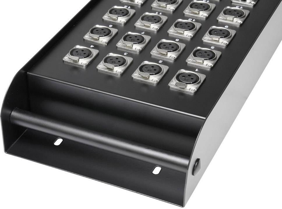 Černý kovový kryt s několika očíslovanými XLR konektory v řadách, vhodný pro audio nebo jevištní techniku.