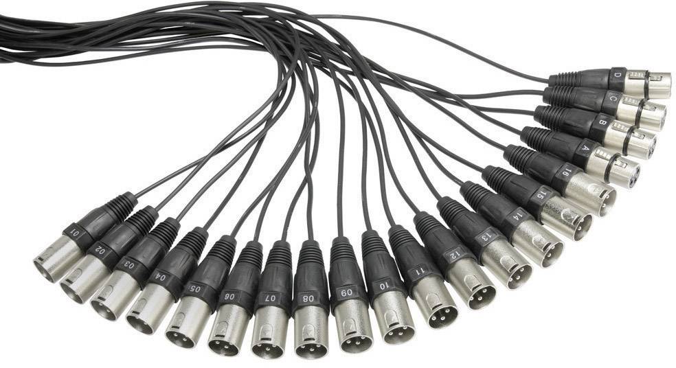 Několik XLR kabelů s samčími a samičími konektory, uspořádaných vějířovitě. Tyto kabely se často používají pro audio připojení.