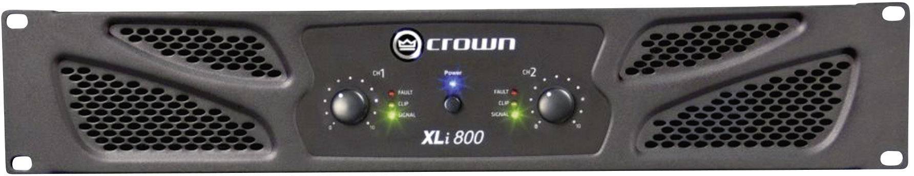 Zesilovač 'Crown XLi 800' v černém provedení s větracími otvory a otočnými ovladači, vhodný pro audiotechniku a zvukové systémy.
