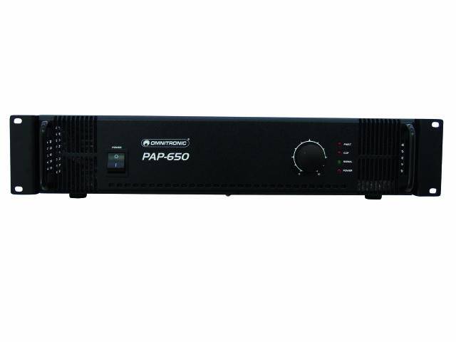 Černý zesilovač s nápisem 'PAP-650' na přední straně. Vlevo je umístěn přepínač, vpravo velký regulátor.