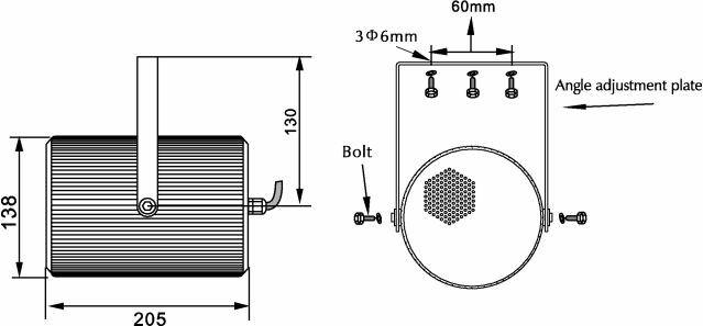 Diagram válcového zařízení s rozměry: výška 138 mm, šířka 205 mm. Boční šrouby a úhlově nastavitelná deska nahoře.