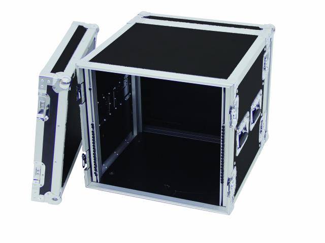 Černý otevřený rack case s kovovým rámem a úchyty po stranách, vhodný pro přepravu audio a elektronických zařízení.