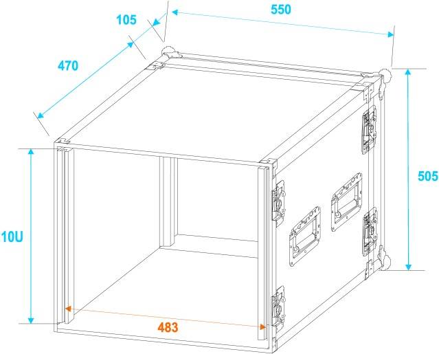 '3D pohled otevřeného racku s rozměry: šířka 483 mm, výška 10U, hloubka 470 mm, rozměry skříně 550 mm x 505 mm.'