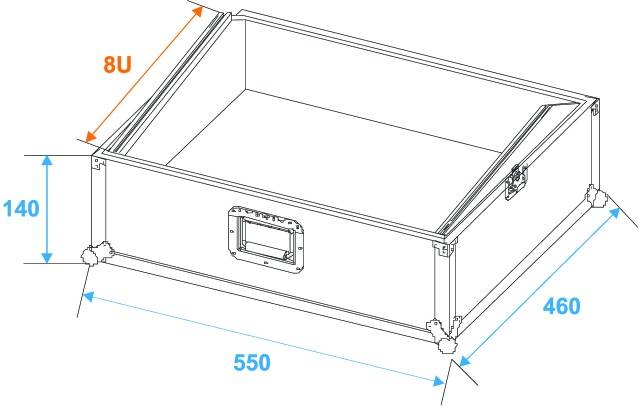 Diagram obdélníkové skříně s rozměry: 550 mm šířka, 460 mm hloubka, 140 mm výška. Vyznačení vestavné výšky 8U.