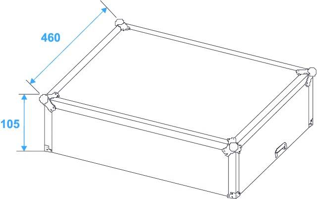 Izometrický pohled na obdélníkovou krabici s madly v rozích. Rozměry: šířka 460 mm, výška 105 mm.