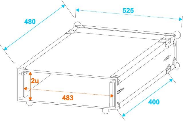 Diagram 2U racku se specifikacemi: šířka 483 mm, hloubka 525 mm, výška 2U. Boční hloubka 400 mm a celková šířka 480 mm.