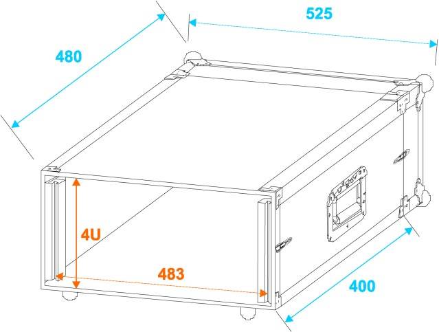 Diagram 19palcové racku se specifikacemi: šířka 483 mm, hloubka 525 mm, výška 4U (jednotka); boční hloubka 400 mm.