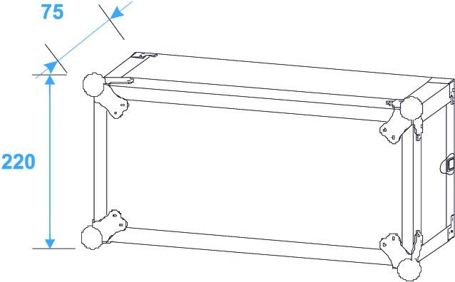 Nákres obdélníkové krabice s vnějšími rozměry 75 mm výšky a 220 mm hloubky, se zpevněními v rozích.