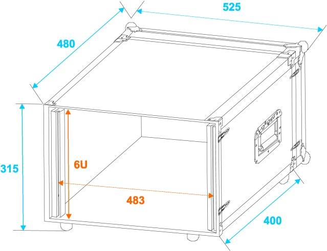Nákres trapézového pouzdra s rozměry: šířka 480 mm, výška 315 mm, hloubka 400/525 mm. Pouzdro je velké 6U.