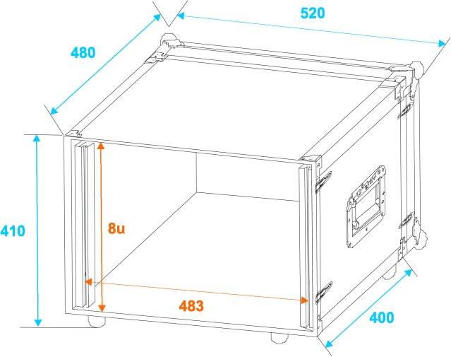 Technický výkres obdélníkového pouzdra s rozměry: 520 mm šířka, 480 mm hloubka, 410 mm výška, přední otvor 483 mm (8U).