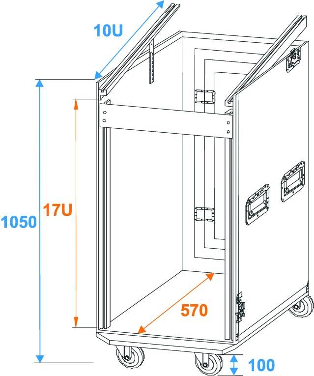 Technický diagram pojízdného racku s rozměry: výška 1050 mm, šířka 570 mm, hloubka 100 mm, s kapacitou 17U.