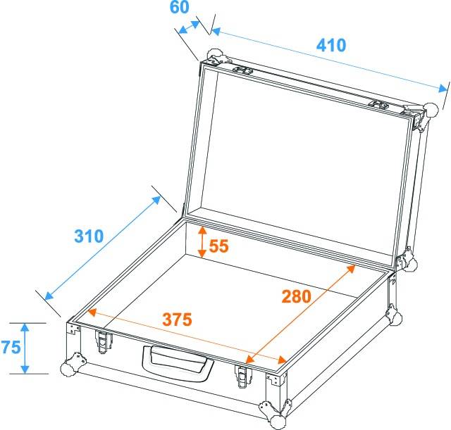 Otevřený kufr s rozměry: výška 75 mm, šířka 375 mm, hloubka 310 mm. Otevřené víko má šířku 410 mm.