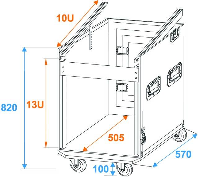 Přepravní box s otevřeným víkem, rozměry 820 mm výška, 570 mm šířka, 505 mm hloubka, označené pozice 10U a 13U, kolečka umístěna dole.
