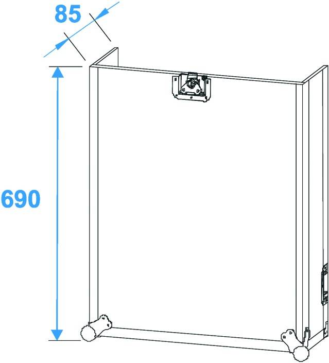 Diagram prostoru s výškou 690 mm a šířkou 85 mm, s kloubem na horní straně a kolečky na spodní straně.