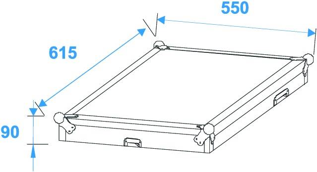 Technický výkres obdélníkového kufru s rozměry: šířka 550 mm, hloubka 615 mm, výška 90 mm.