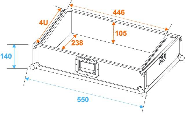 Obrázek obdélníkové skříně s rozměry: délka 550 mm, šířka 446 mm, výška 140 mm a vnitřní výška 105 mm, 4U.