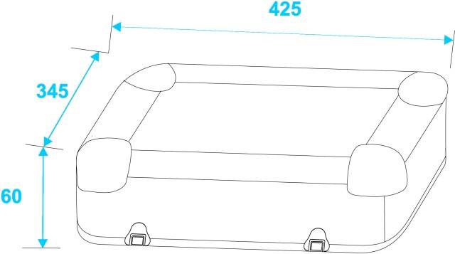 Technický výkres obdélníkové čalouněné lavice se zaoblenými rohy. Rozměry: šířka 425 mm, hloubka 345 mm, výška 60 mm.