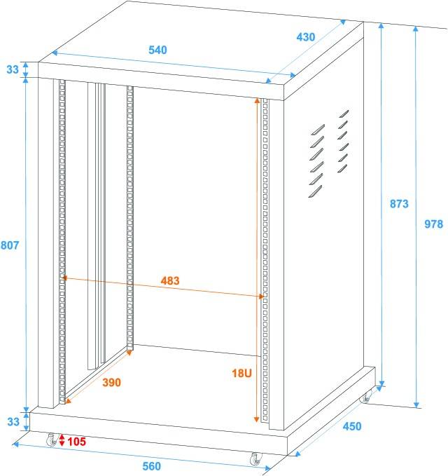 Mobilní skříň má následující rozměry: 540 mm šířka, 430 mm hloubka, 978 mm výška. Vnitřní rozměry jsou 483 mm šířka, 18U výška.