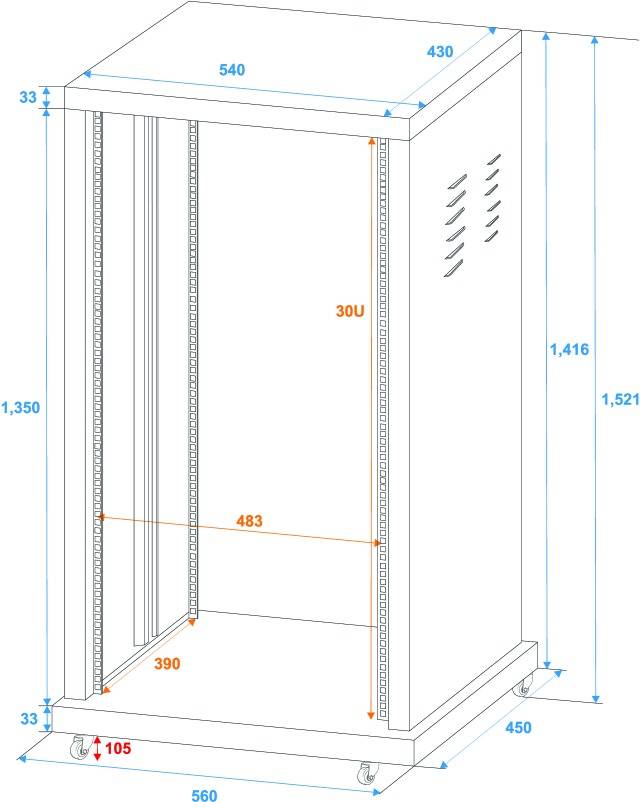 Výkres serverové skříně s rozměry: výška 1.521 mm, šířka 540 mm, hloubka 450 mm. Vnitřní prostor je vysoký 1.350 mm.
