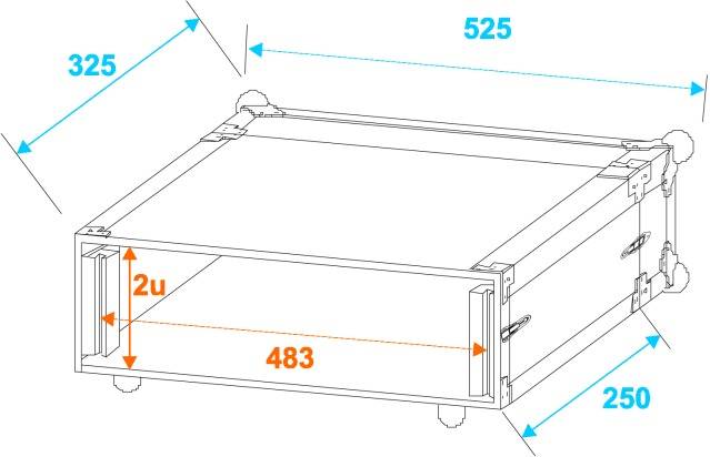 Náčrt 19palcového racku s rozměry: šířka 483 mm, výška 2U, hloubka 525 mm. Boční pohledy ukazují hloubku 325 mm a 250 mm.