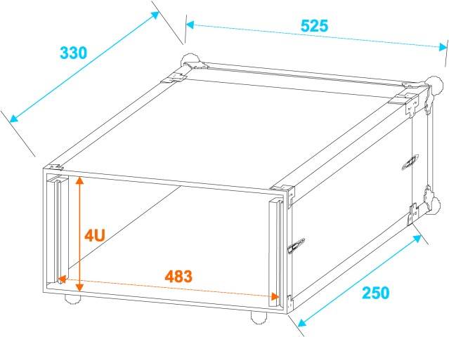 Technický výkres obdélníkového zařízení s rozměry: šířka 483 mm, výška 4U, hloubka 525 mm, boční hloubka 330 mm a boční výška 250 mm.
