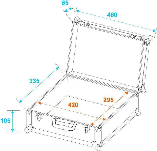 Technický výkres kufru s rozměry: výška 105 mm, šířka 460 mm, hloubka 335 mm; vnitřní rozměry: 420 mm x 295 mm.