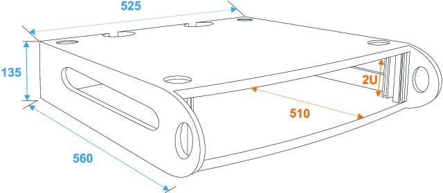 Technický výkres obdélníkové kovové konzole o rozměrech 560 x 135 x 525 mm s montážní výškou 2U.