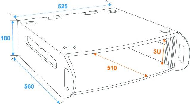 Technický výkres obdélníkového rámu s rozměry: šířka 525 mm, výška 180 mm, hloubka 560 mm a vnitřní prostor 510 mm (3U).