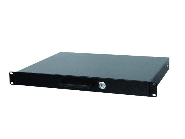 Černý, uzamykatelný 1HE rack box s rukojetí a integrovaným zámkem, vhodný pro uskladnění v serverových skříních.