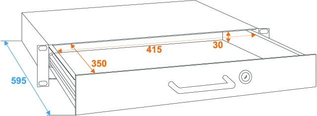 Diagram zásuvky s rozměry: šířka 595 mm, vnitřní šířka 415 mm, vnitřní výška 30 mm a hloubka 350 mm.