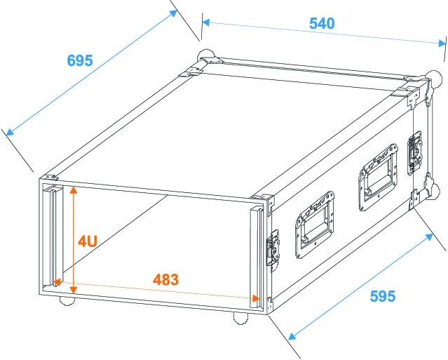 Nákres obdélníkového přepravního pouzdra (flightcase) s rozměry: 540 mm široké, 695 mm dlouhé, 4U vysoké, 595 mm hluboké, s čelním otvorem 483 mm.