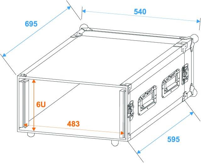 Diagram zařízení o velikosti 6U s rozměry: šířka 483 mm, hloubka 695 mm, výška 540 mm, hloubka skříně 595 mm.