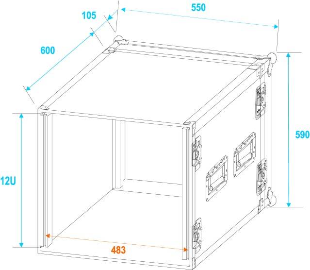Kreslený obrázek 12U racku se specifikacemi: šířka 550 mm, hloubka 600 mm, výška 590 mm a vnitřní šířka 483 mm.