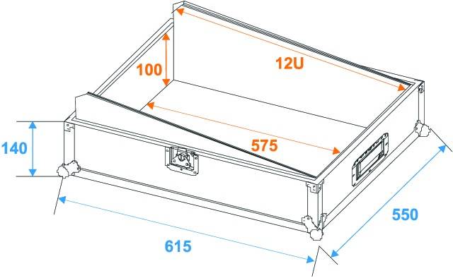 Obrázek technického výkresu obdélníkové nádoby s rozměry: délka 615 mm, šířka 550 mm, výška 140 mm, vnitřní výška 100 mm, označené jako '12U' a vnitřní hloubka 575 mm.