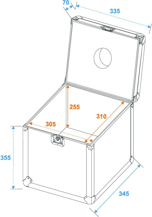 Schematický nákres otevřené krabice s vnitřními rozměry: 310 mm šířka, 255 mm hloubka, 305 mm výška. Vnější rozměry: 335 mm šířka, 345 mm hloubka, 355 mm výška.
