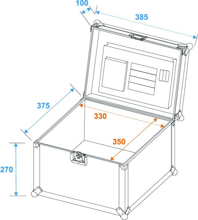 Otevřená krabice s víkem, zobrazující vnitřní rozměry 330 mm x 350 mm. Vnější výška 270 mm, vnější šířka 385 mm, výška víka 100 mm, vnitřní výška 375 mm.