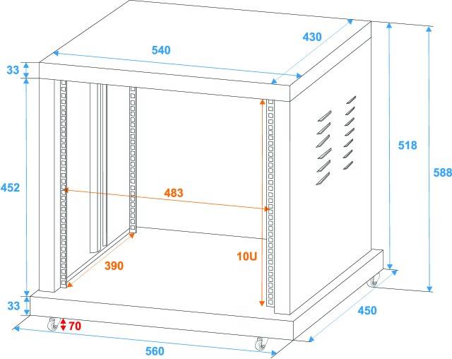 Obrázek síťové skříně s rozměry: výška 588 mm, šířka 540 mm, hloubka 560 mm. Vnitřní výška 483 mm (10U).