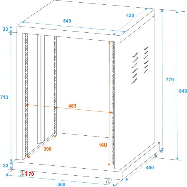 3D znázornění serverové skříně s rozměry: šířka 560 mm, výška 849 mm, hloubka 540 mm. Má kolečka a větrací štěrbiny.